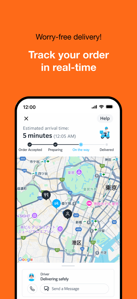Smartphone screen showing the Rocket Now app real-time delivery tracking feature with a map and 5-minute ETA.