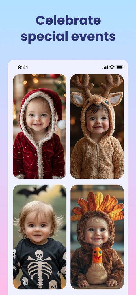 AI Baby Generator: Face Maker - Photos de bébés générées par IA dans divers costumes de vacances