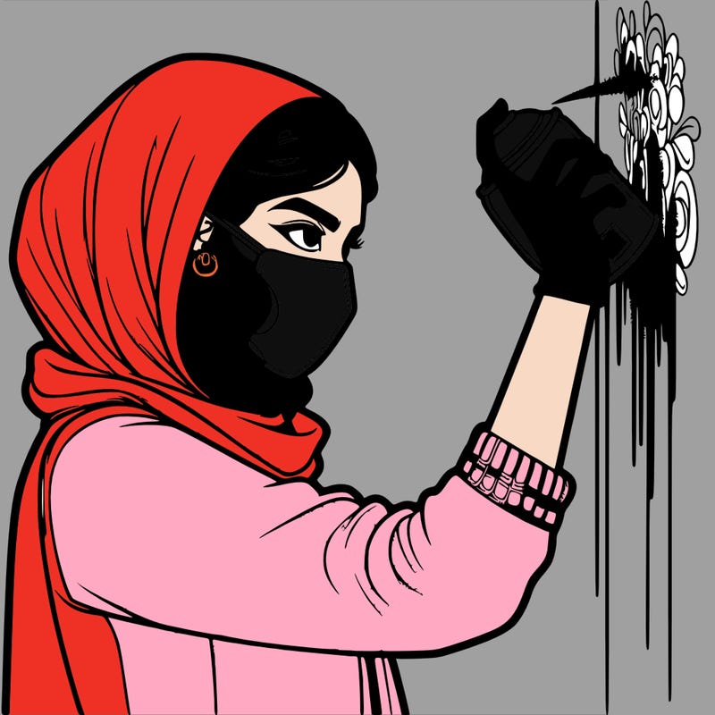 realistic girl with mask spray painting a wall