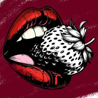realistic lips taking a bite out of a strawberry