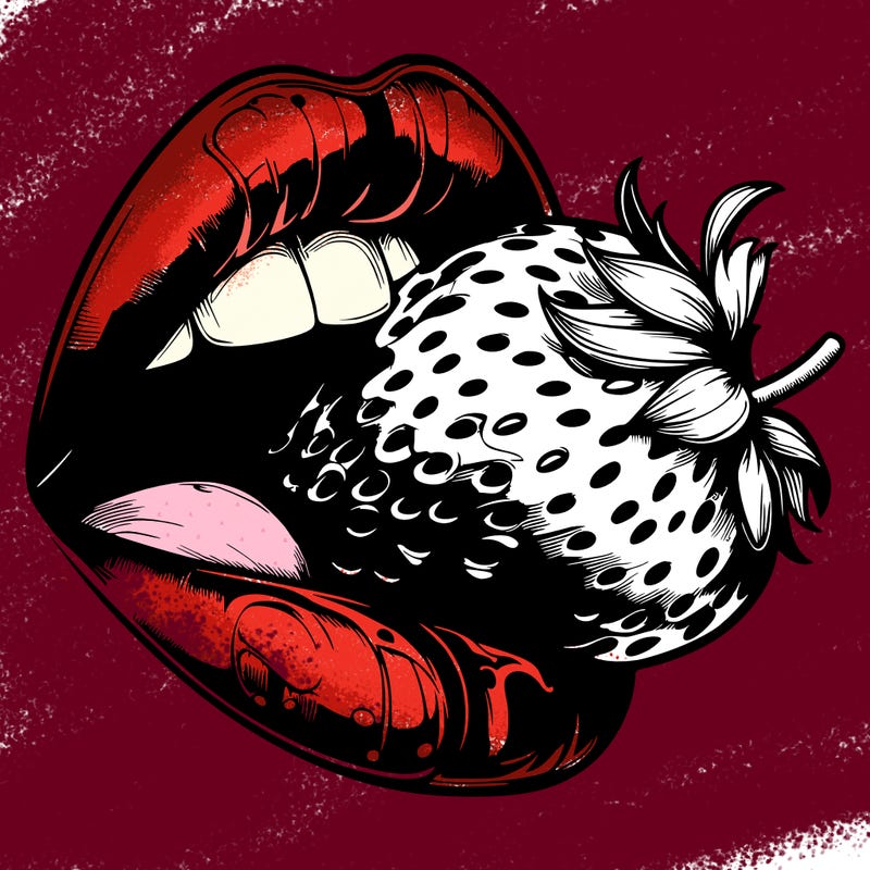 realistic lips taking a bite out of a strawberry