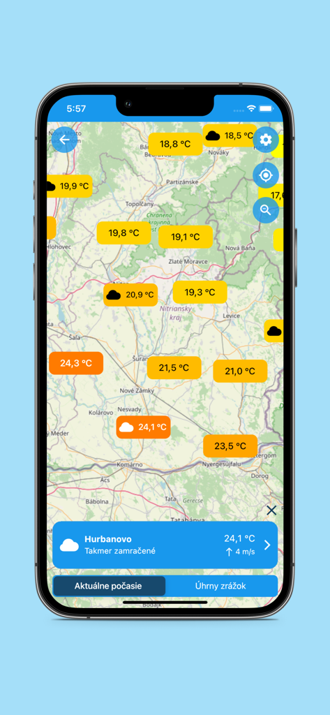 Weather map showing current temperatures in Celsius across Slovakia in the Aladin app