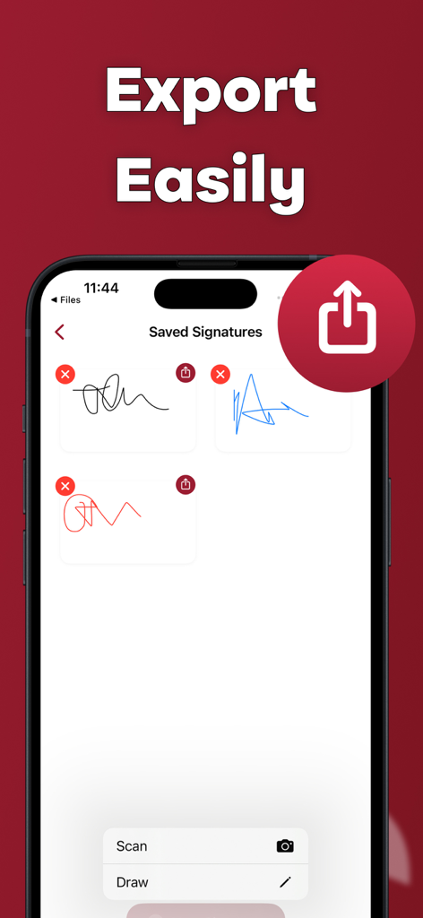 Signature Scanner - Esign App - A mobile screen showing a gallery of saved handwritten signatures ready for export in the Signature Scanner app