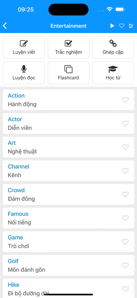 Elenco di vocabolario inglese per l'intrattenimento con traduzioni vietnamite e varie modalità di studio come flashcard e quiz