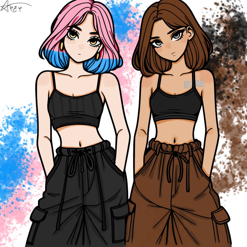 two girls with crop top with baggy pants