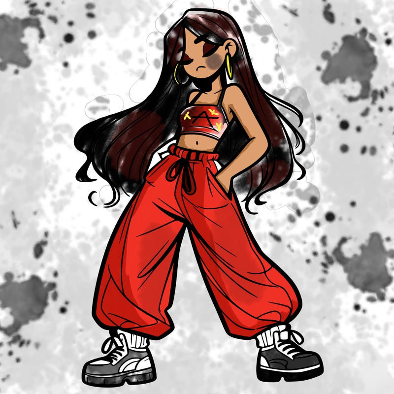 girl in baggy pants crop top and long hair