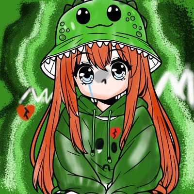 girl with anime shaped eyes with a dinosaur bucket hat oversized sweatshirt long straight hair