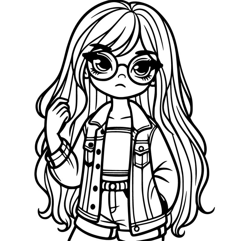 girl with long hair for glasses and does not touch with a denim jacket and cargos
