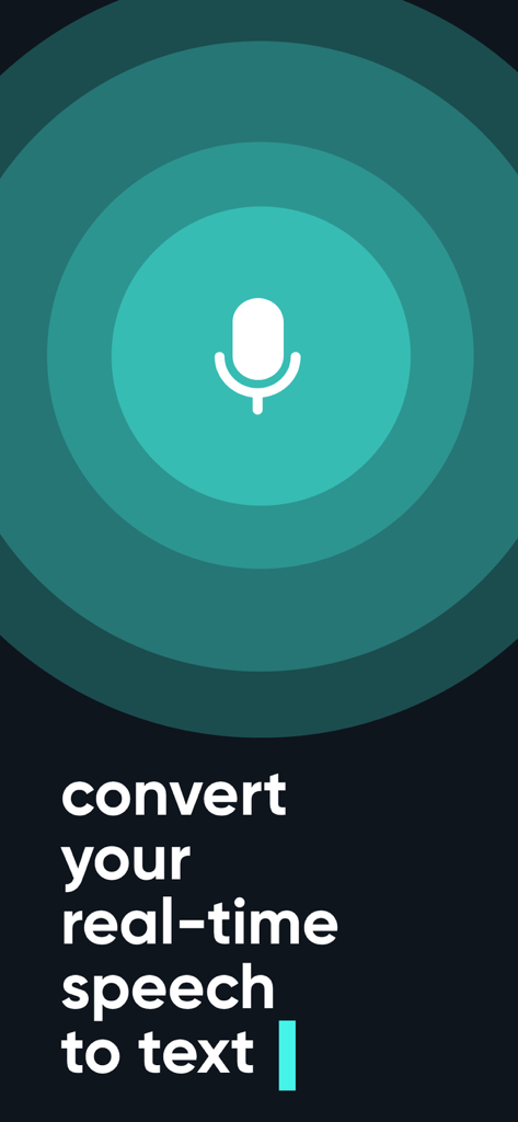 Ícone de microfone com texto promovendo a funcionalidade de conversão de voz em texto em tempo real.