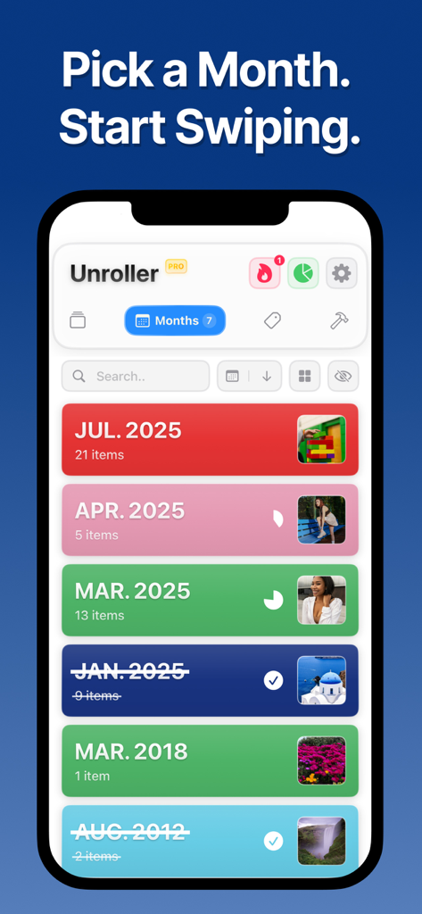 Swipe Photo Cleaner Organizer - Photo cleaner app showing gallery organized by month