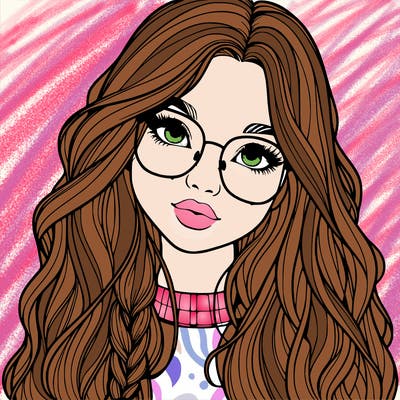 girl with long hair and freckles and glasses realistic