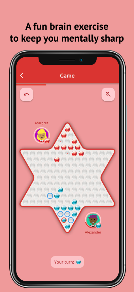 Chinese Checkers Online - A mobile screenshot showing a Chinese Checkers game on a star shaped board with red and blue marbles
