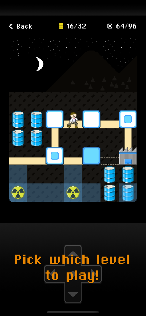 Hazmat Hijinks™ - Hazmat Hijinks のピクセルアートレベル選択画面。キャラクターが放射性樽のあるマップを navigated しており、「プレイするレベルを選択」というテキストが表示されている。