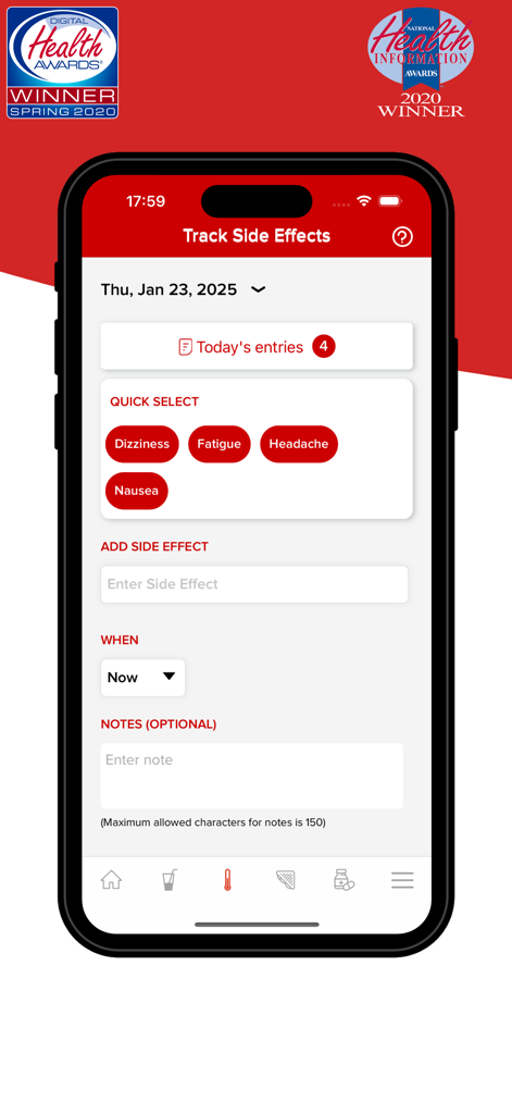 The Blood Cancer United Health App showing the Track Side Effects screen with quick selection buttons for dizziness, fatigue, headache, and nausea.