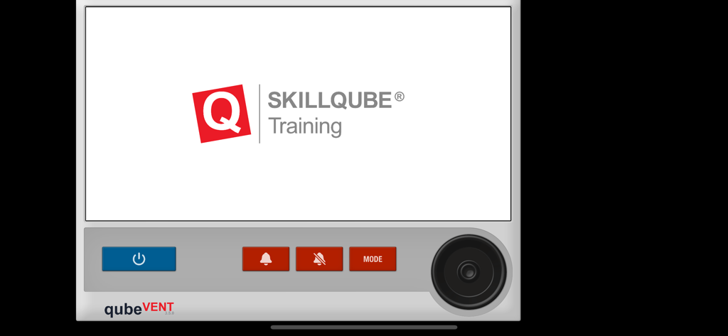 qubeVENT by SKILLQUBE - qubeVENT medical ventilator simulation interface with training logo and control buttons