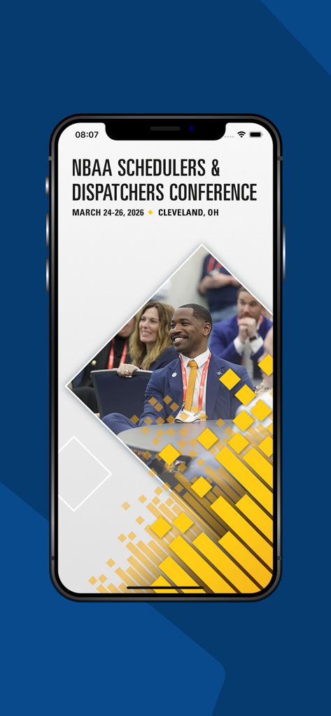 イベントの日付と場所が表示されたNBAA SDC2026カンファレンスアプリのスプラッシュスクリーン