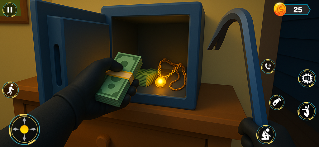 Vue à la première personne d'un voleur prenant des liasses de billets dans un coffre-fort ouvert lors d'une mission furtive