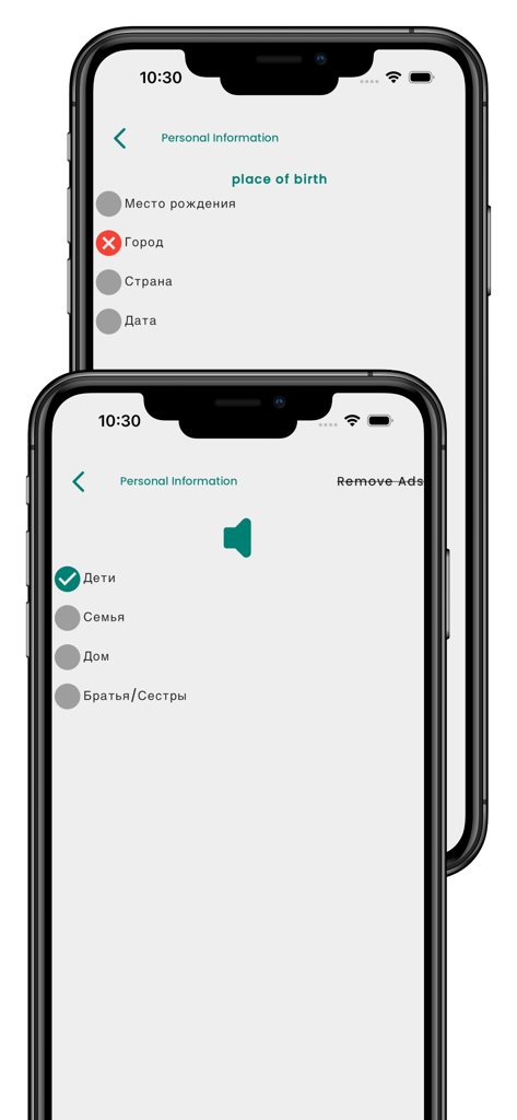 Learn Russian Language Offline - Russian language learning app interface showing vocabulary lessons for personal information and place of birth.