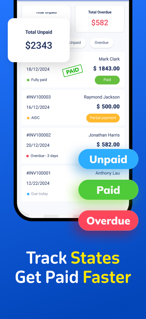 Invoice Maker -Done in Seconds - 未払い、支払い済み、延滞などの支払い追跡状態を示す請求書作成アプリのモバイルインターフェース