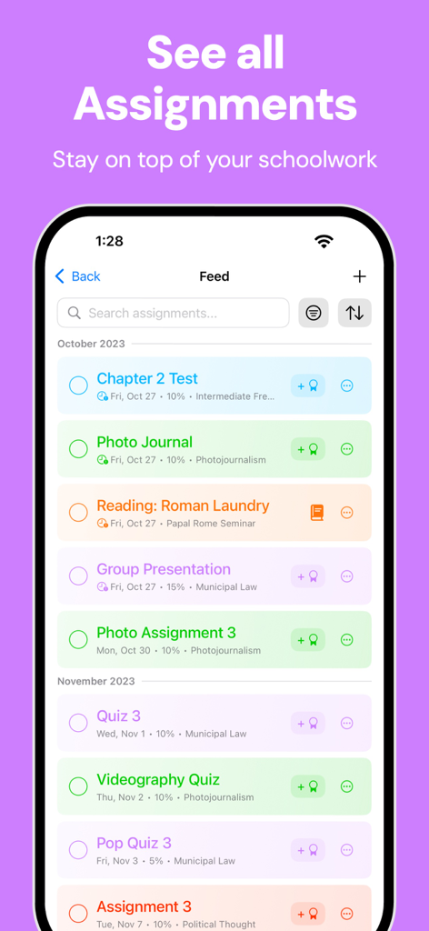Fouro: Track Grades, GPA - A colorful list of academic assignments and tests in the Fouro app feed