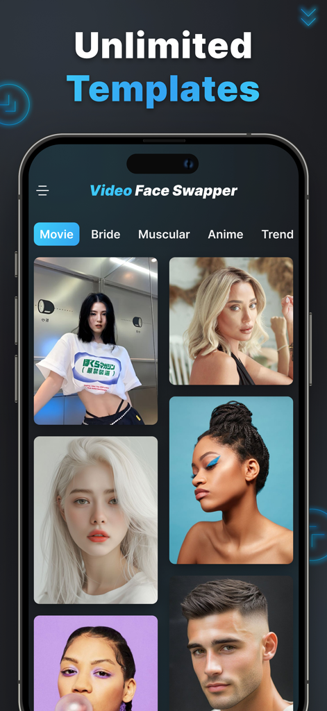 DeepSwap AI: Video Swap Faces - Interfaz de la aplicación móvil de DeepSwap AI que muestra plantillas ilimitadas de intercambio de caras en video, incluyendo anime de películas y categorías de moda