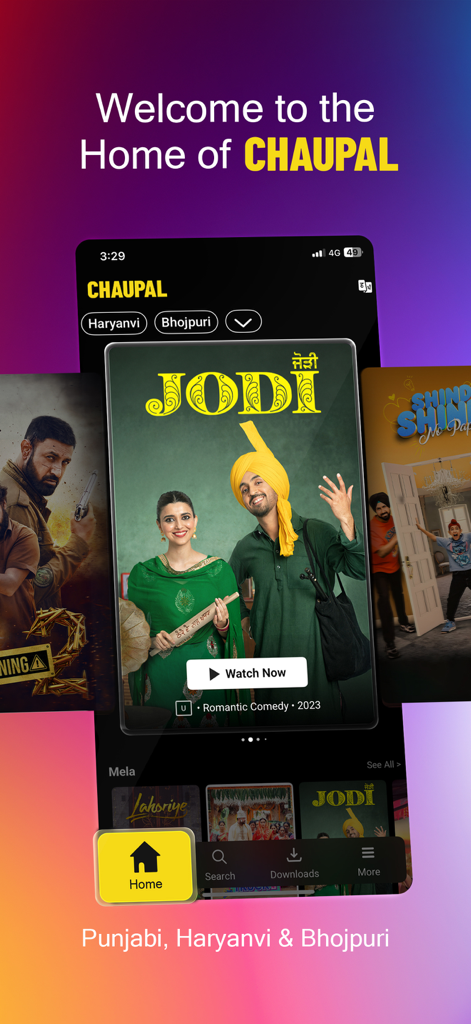 Chaupal - Movies & Web Series - Pantalla de bienvenida de la aplicación Chaupal con películas regionales en punjabi, haryanvi y bhojpuri