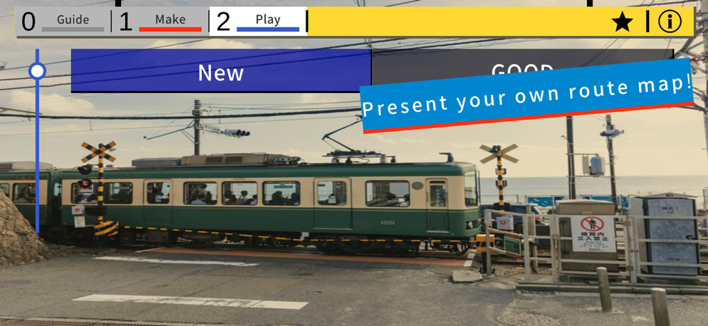 Menu principal do aplicativo Train Studio apresentando um trem verde em uma passagem de nível ferroviária costeira e botões para criar e jogar rotas.