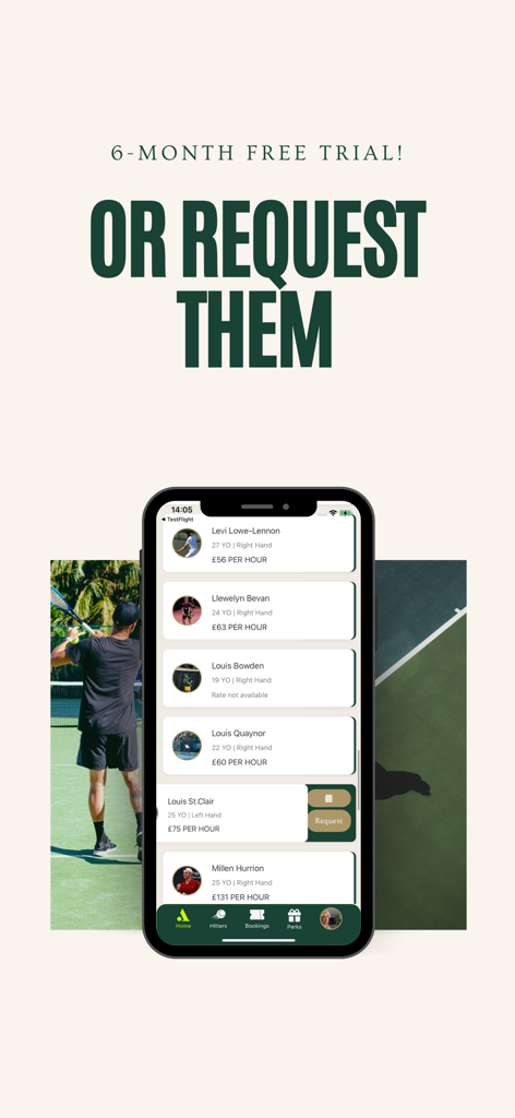 Liste professioneller Tennis-Trainingspartner mit Profilen und Stundensätzen in der App des All Court Tennis Club