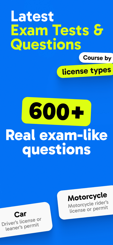 US DMV Test: Driving Practice - Screenshot of US DMV driving practice app showing 600 plus real exam questions and license types for car and motorcycle