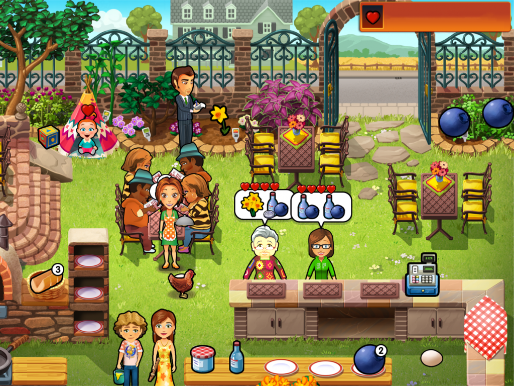 Emily sirviendo a clientes en su hermoso restaurante al aire libre mientras su bebé juega cerca.