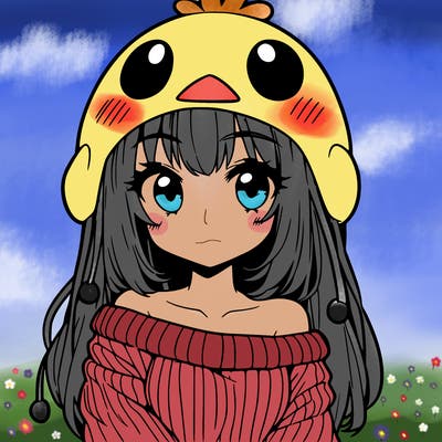 anime girl with chick shaped hat with sweater with bare shoulders with bangs covering them one eye with low tail