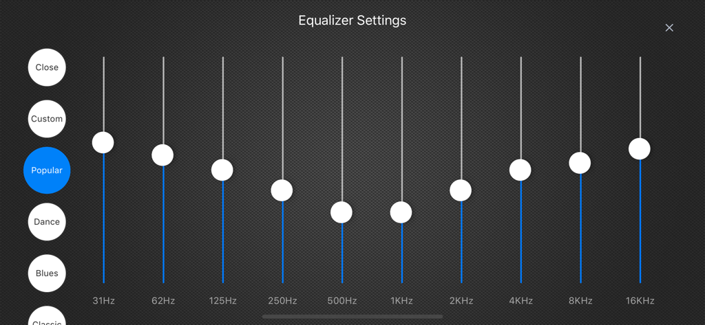 Multi band equalizer settings interface in the EZAudioCut audio editor app
