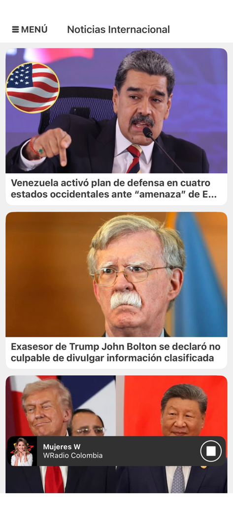 WRadio Colombia para iPhone - Interfaz de la aplicación W Radio Colombia que muestra titulares de noticias internacionales y líderes políticos globales