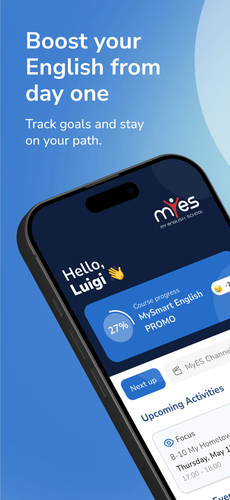 MYES - My English School - Interface of the MYES My English School app showing course progress and goals tracking.