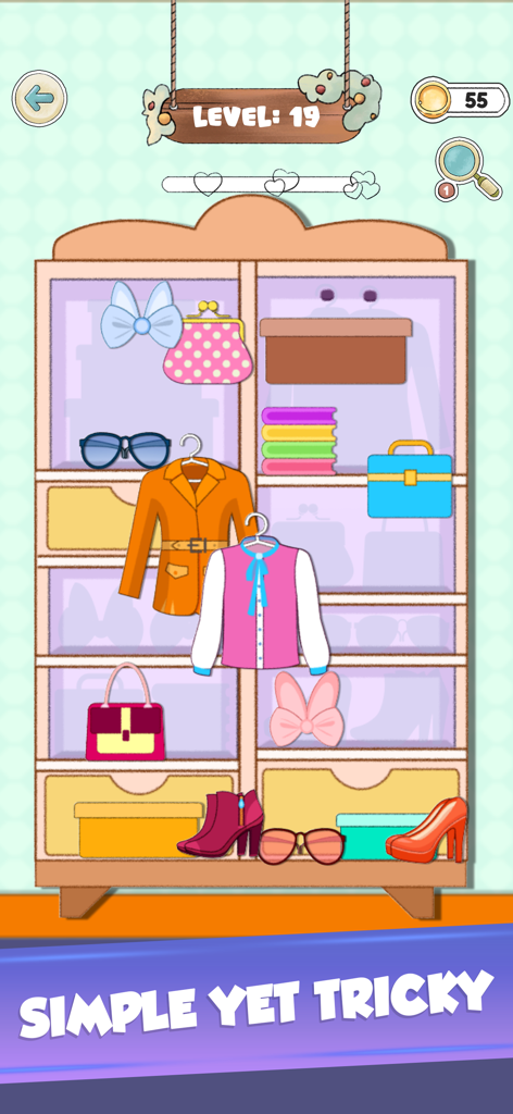Arrange Them Little Right 2 - A colorful wardrobe organization puzzle level in a cozy mobile game
