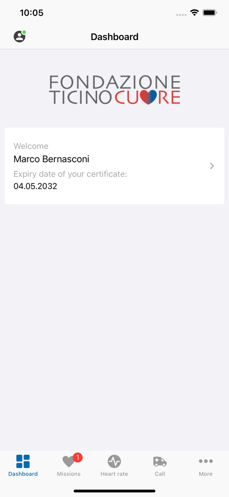 Fondazione Ticino Cuore - Panel de control de la aplicación móvil Fondazione Ticino Cuore que muestra el perfil del usuario y la fecha de caducidad de la certificación