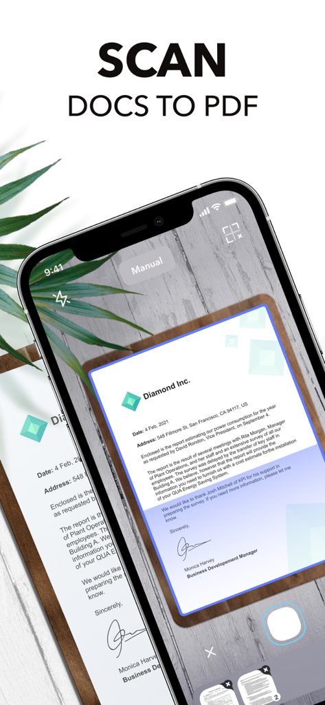 PDF Scanner App: Scanner+ Docs - Interfaz de smartphone escaneando un documento de negocios para crear un archivo PDF