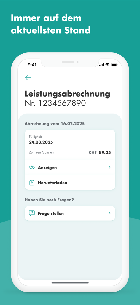 mySWICA mobile app screen showing insurance benefit statement details and reimbursement information