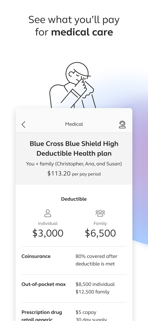 Alight Mobile - Alight Mobile app interface showing medical insurance plan costs and deductible information