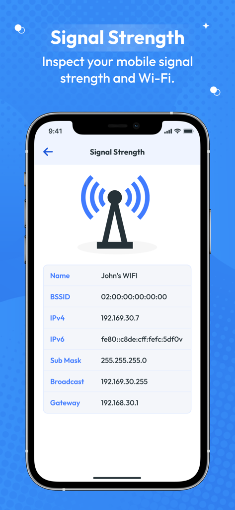 iPhone screen displaying mobile signal strength and technical network details including IP addresses and BSSID