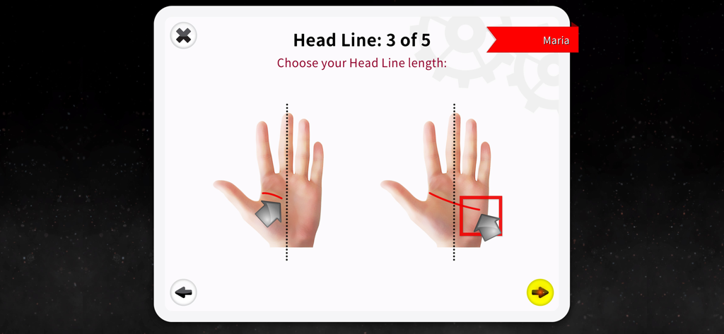 Palm Reading Premium - Seleccionando la longitud de la línea de la cabeza en la aplicación Palm Reading Premium