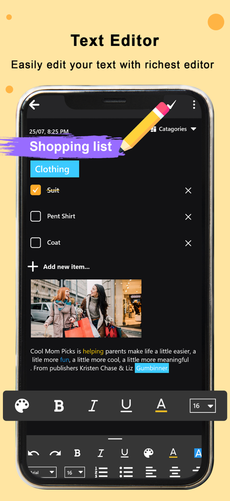 My Notes: Diary, Voice & Memos - Interface de l'éditeur de texte de l'application My Notes montrant une liste de courses et des outils de mise en forme