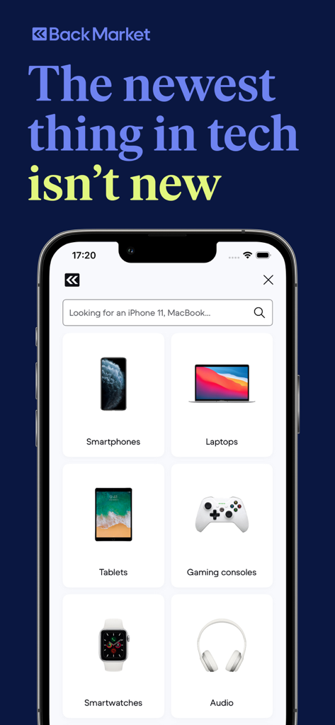 Back Market app screen showing categories for refurbished electronics like smartphones and laptops