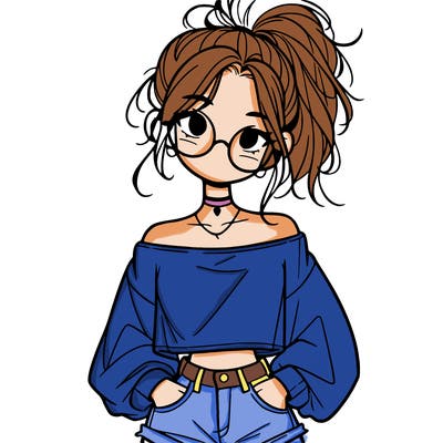 girl with a messy ponytail glasses a baggy crop top and jean shorts