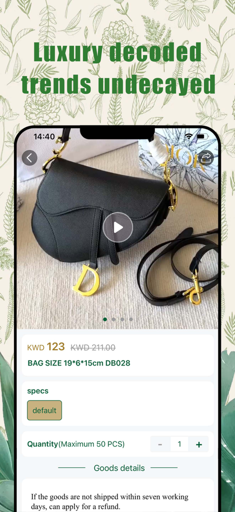BAGI - BAGI mobile app interface displaying a black luxury saddle bag for sale with price in Kuwaiti Dinar.