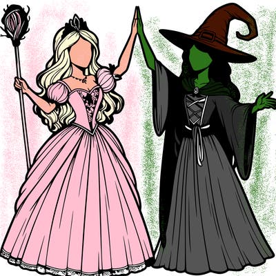 detailed realistic split of a princess and a witch