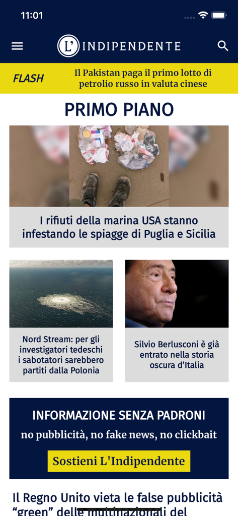 L'Indipendente 모바일 앱의 메인 인터페이스가 독립 뉴스 헤드라인과 지원 배너를 표시합니다.