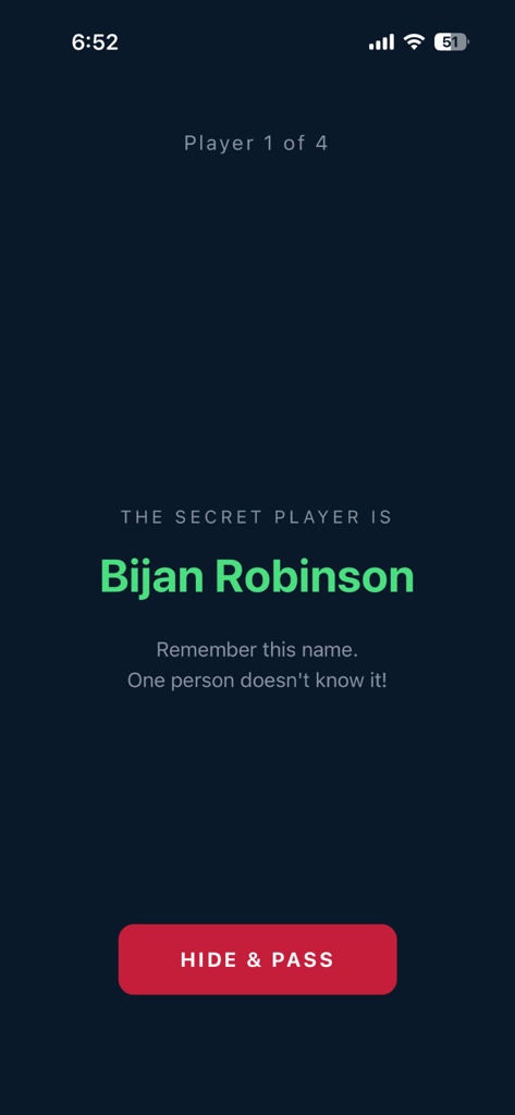 Sports Imposter - Mobile screen showing the secret player name Bijan Robinson in the Sports Imposter party game