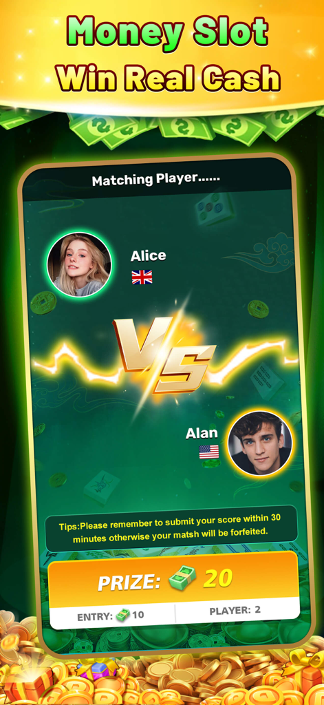 Pantalla de emparejamiento en la aplicación Money Slots que muestra a dos jugadores compitiendo por un premio en efectivo