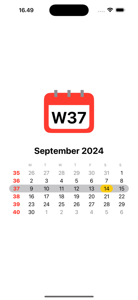 Week Number widget app interface showing a September 2024 calendar with week numbers displayed on the left and week 37 highlighted